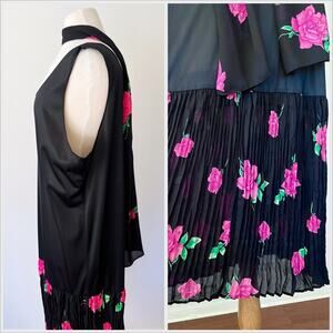 Vintage 80s Does 20s Dress Black Rose Floral Slip // Plus Size 1X or 2X